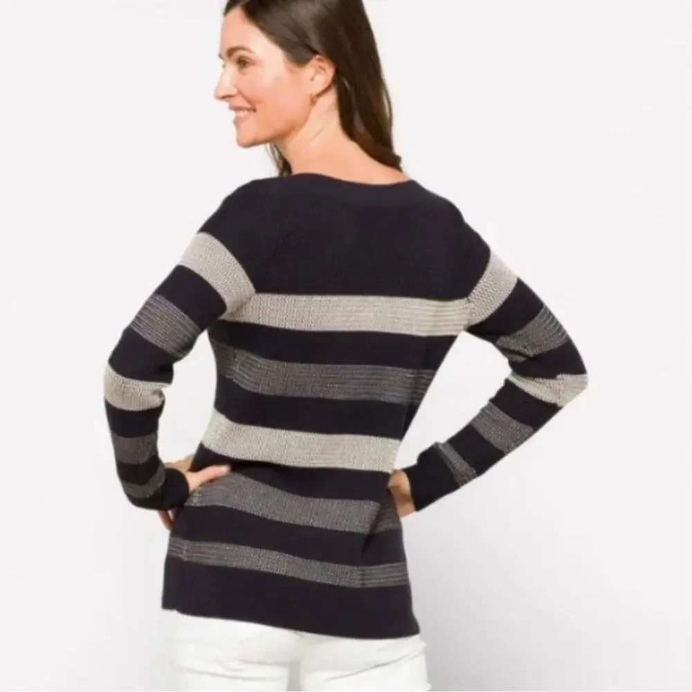 NWT Market & Spruce Tawnee Waffle Stitch Striped Pullover Sweater Navy/White MP